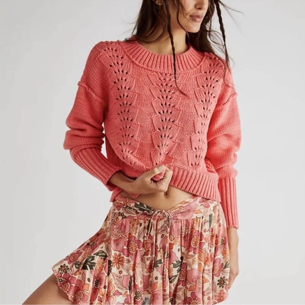 Free People Coral Knit Cropped Crewneck Sweater